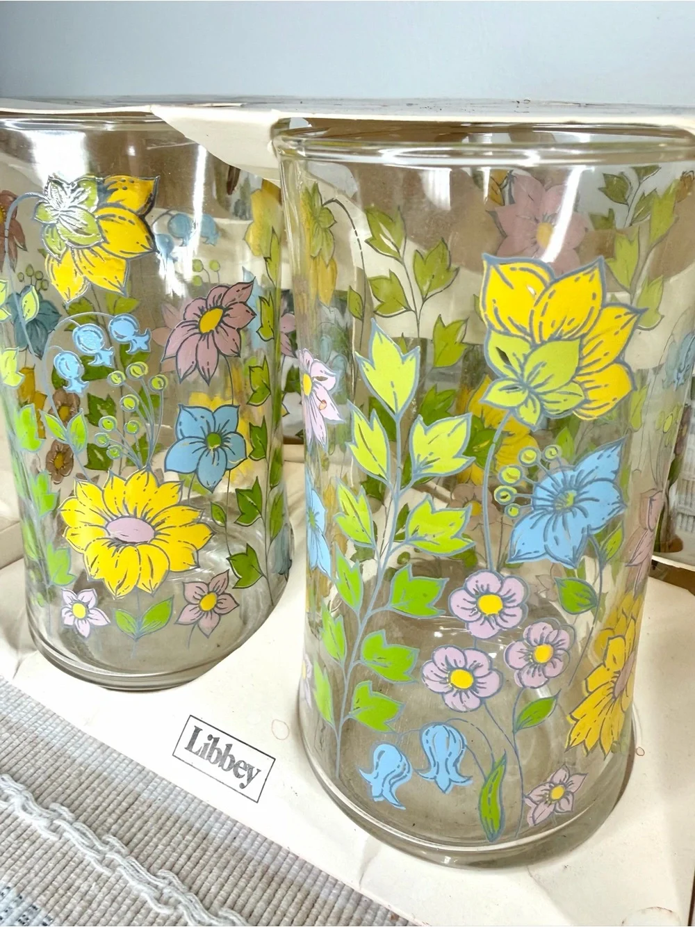 Libbey Floral Glass Tumbler Pair in Yellow, Green & Blue